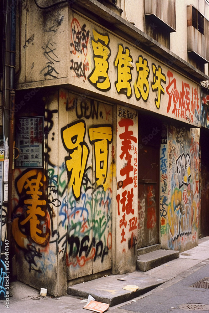 Japanese Graffiti on street wall, 80s style, Generative AI Japanese Graffiti on street wall, 80s style, Generative AI