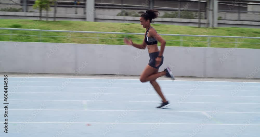 Fitness, track and woman running, exercise and training for a competition, workout goal and motivation. Female person, athlete and runner with a challenge, health and wellness with sports and cardio