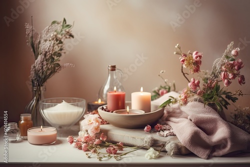 beauty treatment items for spa procedures on wooden table. massage stones, essential oils and sea salt. copy space Generative Ai.