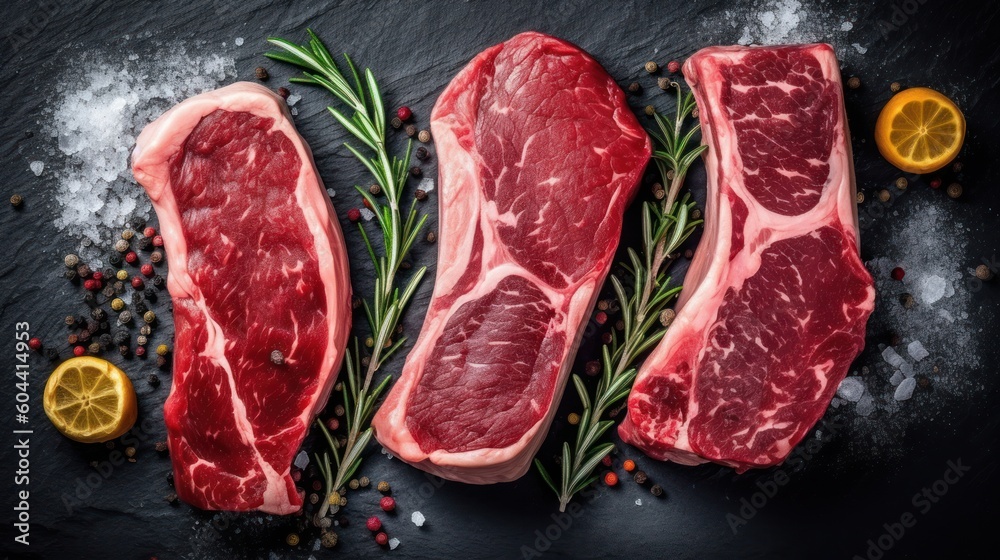 Fresh raw beef steaks. Generative AI