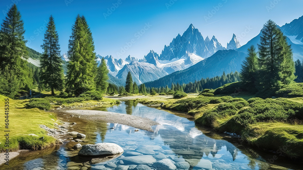 Summer French alpine scenery with fir tree forest, lake and green valley. Generative ai