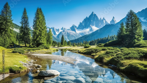 Summer French alpine scenery with fir tree forest, lake and green valley. Generative ai