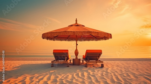 Sunset lounge and umbrella on beach. Generative ai