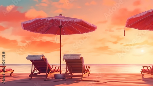 Parasol and sun bed loungers on empty tropical beach at sunset. Generative ai