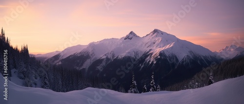 Aerial View from Airplane of Snow Covered Mountain Landscape in Winter. Colorful Pink Sky Art Render. Generative Ai.