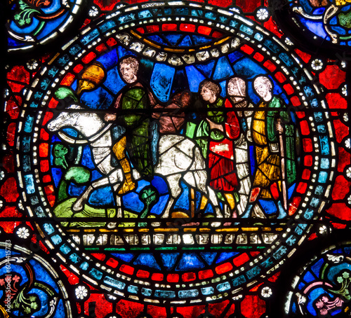 Stained glass window detail inside Canterbury cathedral in the city of Canterbury, Kent, UK