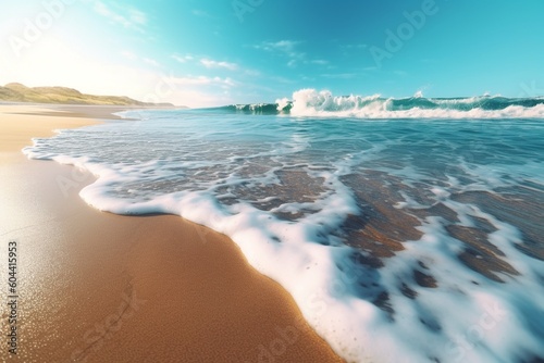 Beautiful tropical wave rolling on the sandy beach on a sunny summer day. High quality photo Generative AI