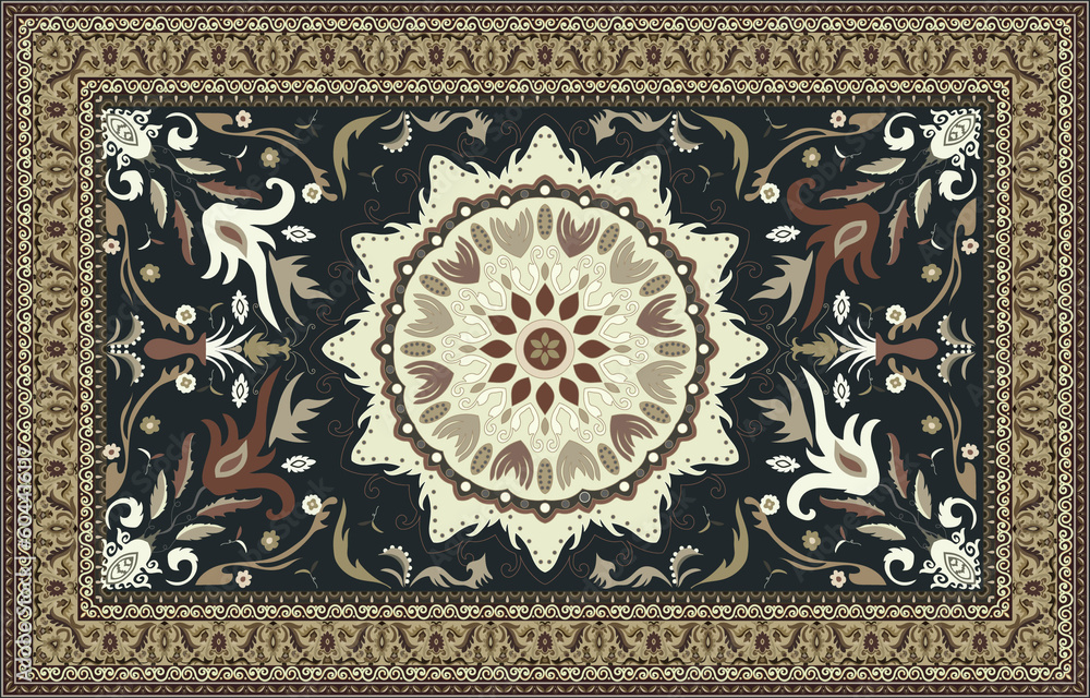 Colorful ornamental vector design for rug, tapis, yoga mat. Geometric ethnic clipart. Arabian ornamental carpet with decorative elements.Persian carpet - obrazy, fototapety, plakaty 