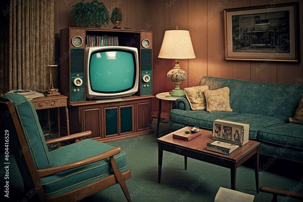 Retro television from the fifties, old fashioned vintage living room