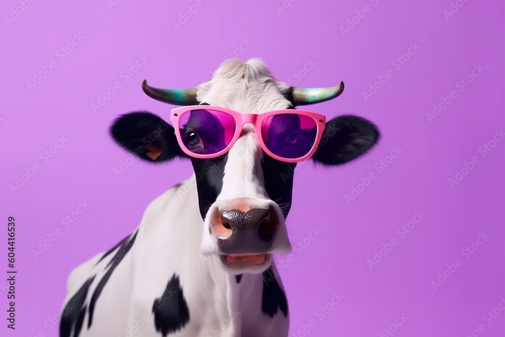 funny character face colourful head sunglasses cute portrait cow animal. Generative AI. funny character face colourful head sunglasses cute portrait cow animal. Generative AI.