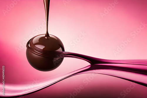 Chocolate bonbon dropping into liquid chocolate with pink background 
