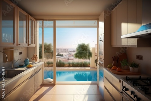 small kitchen with pool in the resort with view city background © MeyKitchen