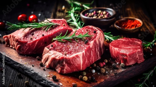 Fotografia Fresh raw beef steaks. Generative AI
