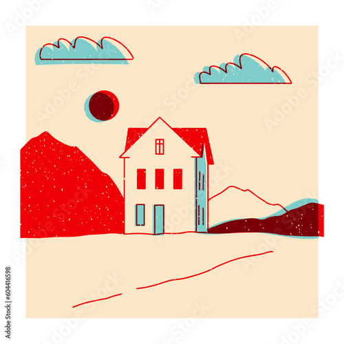 Landscape. Ranch, house in the mountain, farm, meadow, house, tree, road, mountain. Hand drawn vector illustration. Colorful cute screen printing effect. Riso print effect. Icon, logo, print, poster 