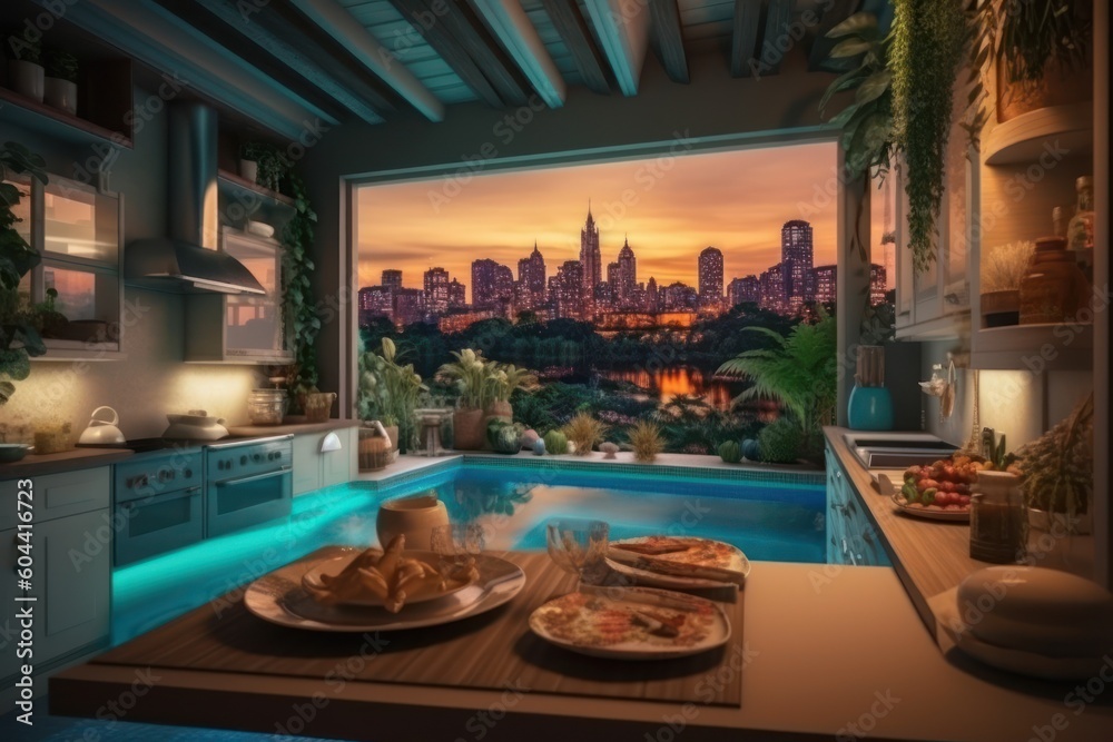 small kitchen with pool in the resort with view city background
