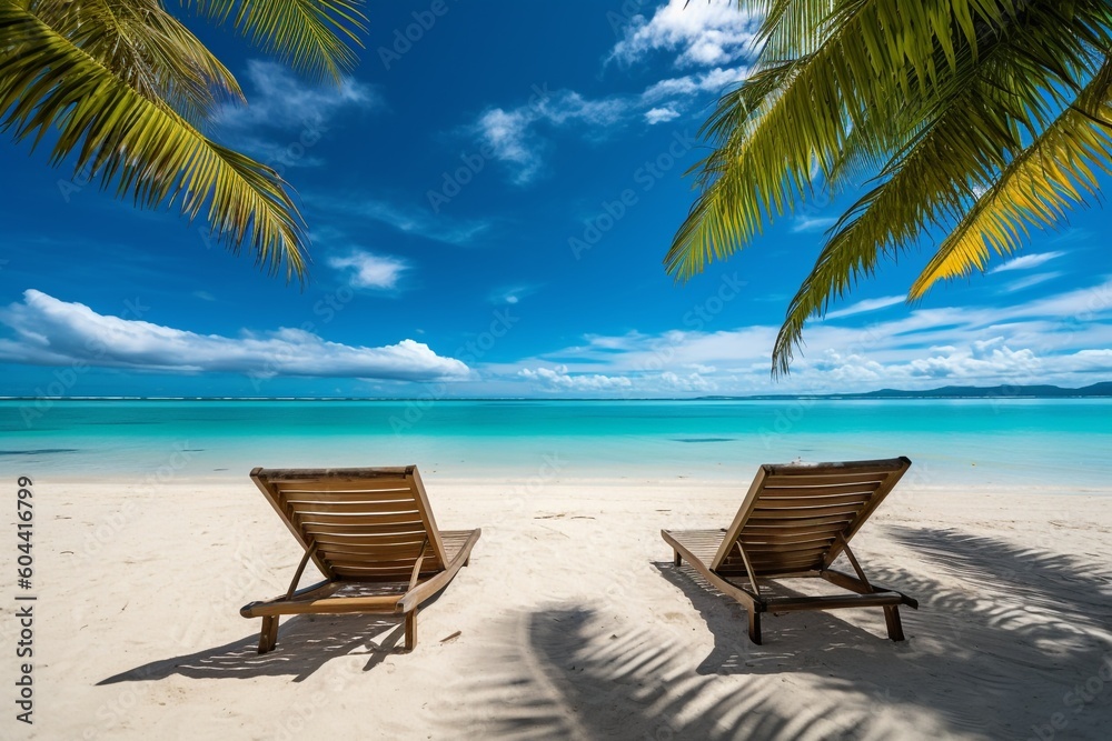 beautiful tropical beach with white sand and two sunbeds framed with palms. Bright crystal clear see. tropical vacation. High quality photo Generative AI