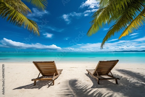 beautiful tropical beach with white sand and two sunbeds framed with palms. Bright crystal clear see. tropical vacation. High quality photo Generative AI