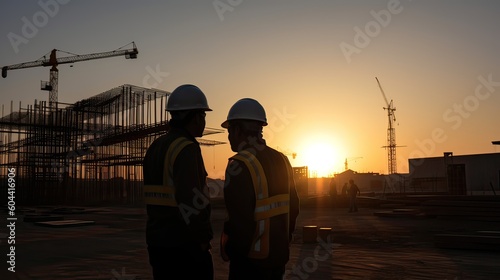 Silhouette of Engineer and worker checking project at building site background, construction site at sunset in evening time. Generative Ai. © Kowit