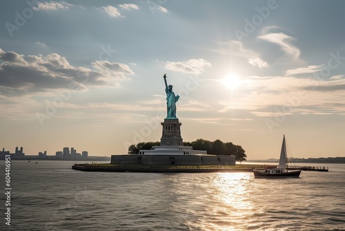 The Statue of Liberty free of tourists and New York City Downtown. Generative Ai.