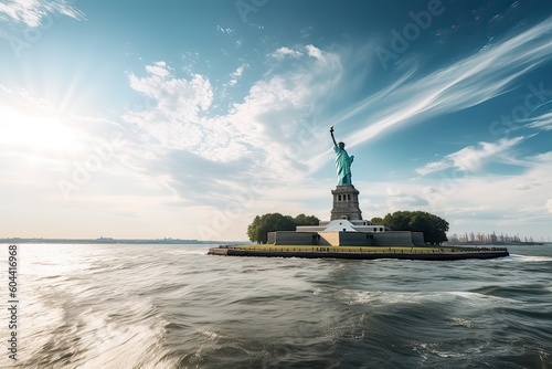 The Statue of Liberty free of tourists and New York City Downtown. Generative Ai. photo