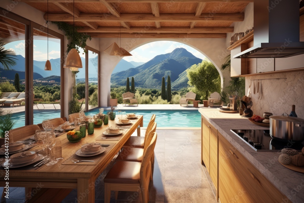 small kitchen with pool in the resort with view mountain background