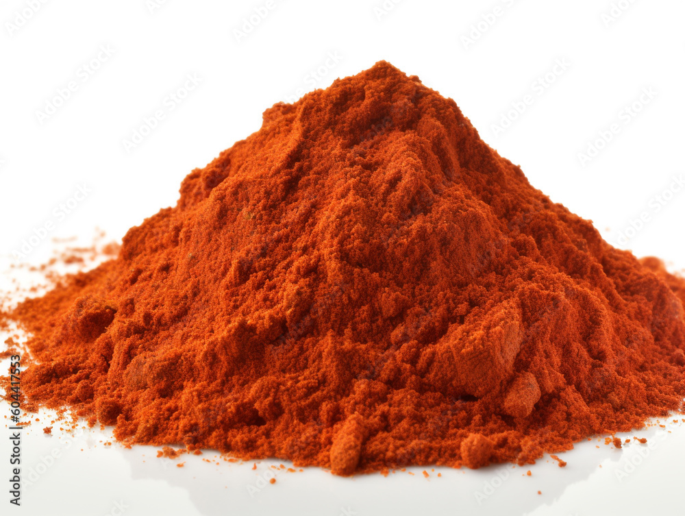 A pile of red paprika powder sits on a white background. A pile of red paprika powder sits on a white background.