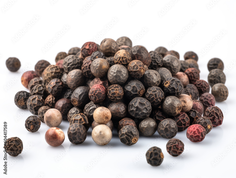 A pile of black pepper seeds on a white background A pile of black pepper seeds on a white background