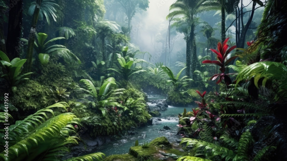 Tropical forest in the rain. Generative AI - obrazy, fototapety, plakaty 