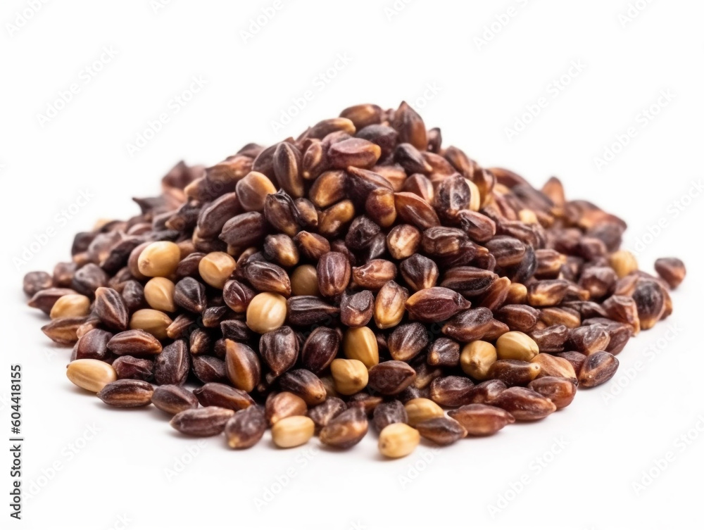 A pile of black and brown seeds on a white background A pile of black and brown seeds on a white background