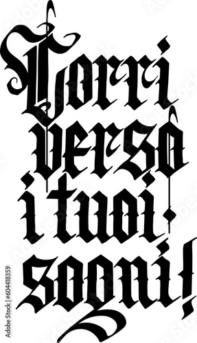 Vector phrase follow your dreams in italian language hand whitten by gothic letters. Black lettering elements for design card, poster, print.