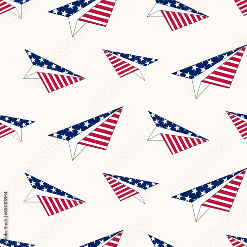 Seamless pattern of hand drawn 4th of July paper plane, on isolated background. Design for Independence Day, 4th of July, freedom celebration. Patriotic and memorial decoration