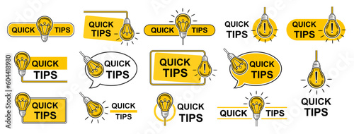 Quick tips, hint, helpful advice with electric light bulb, did you know, useful learning information for think icon set. Idea, expert help. FAQ answer. Fact, education knowledge speech bubble. Vector