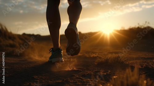 A runner runs on a rural road at sunset, legs in sneakers close-up. AI generative.