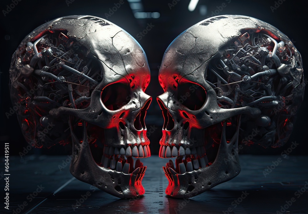 Two skulls terminator look at each other black background. Generative Ai.