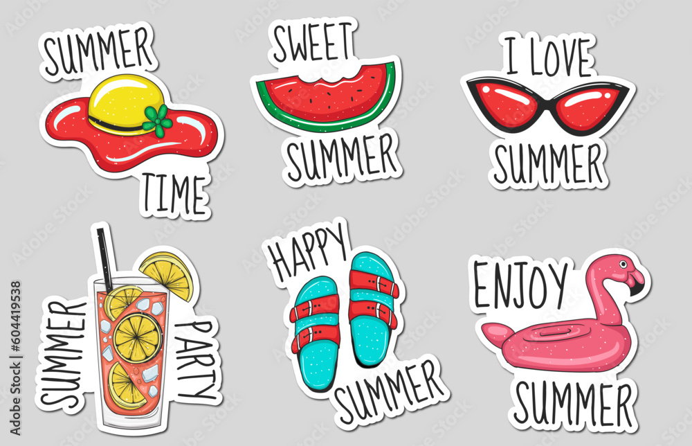 Colorful Hand drawn summer element stickers collection