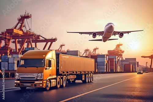 Obraz na płótnie Integrated Transport: Comprehensive Business Logistics with Plane, Truck, and Tr
