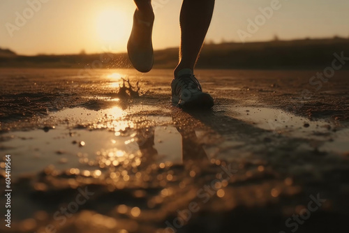 A runner runs on a wet road at sunset, legs in sneakers close-up. AI generative.