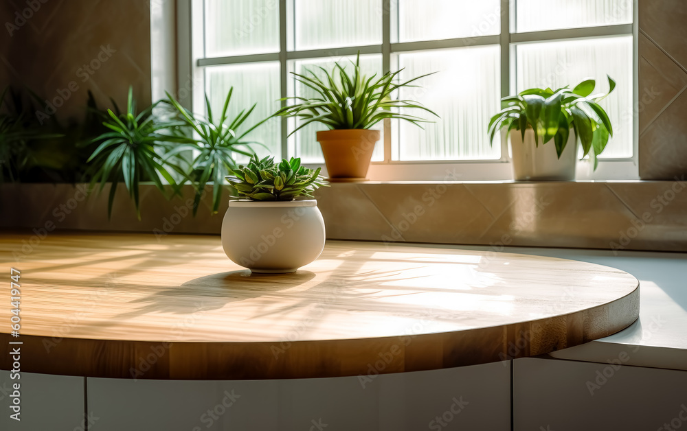 A Modern contemporary wooden countertop in a kitchen. Generative Ai Illustration.

