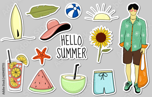 Colorful Hand drawn summer element stickers collection
