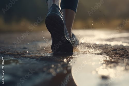 A man walks on a wet road, legs in sneakers close-up. AI generative.