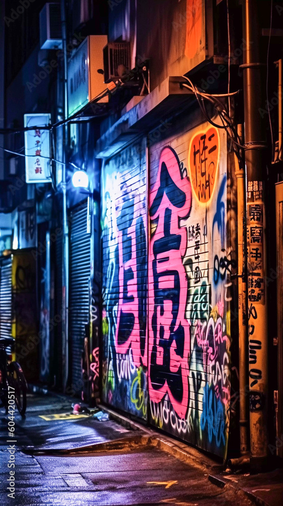 Japanese Graffiti on street wall, neon light, street art by night, Generative AI