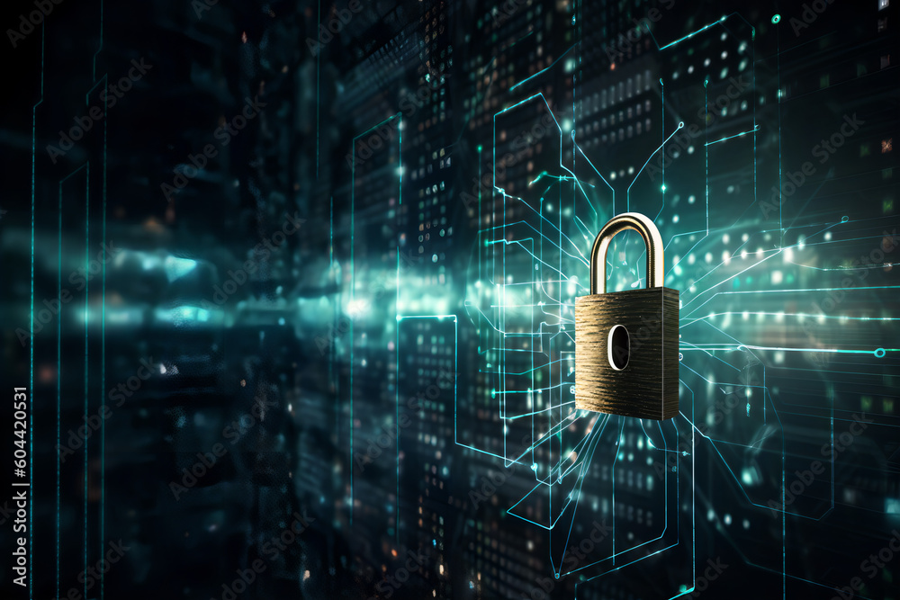 Cybersecurity and data protection. Brass lock on computer interface background. AI Image. Cybersecurity and data protection. Brass lock on computer interface background. AI Image.