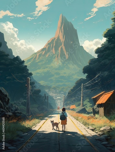 illustration of Young woman, female model walking away on an empty road. walking towards the mountains. Generative Ai.