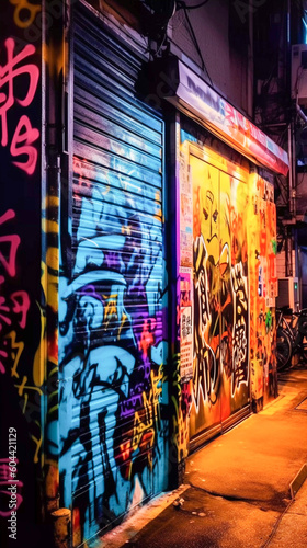 Japanese Graffiti on street wall, neon light, street art by night, Generative AI © PaputekWallArt