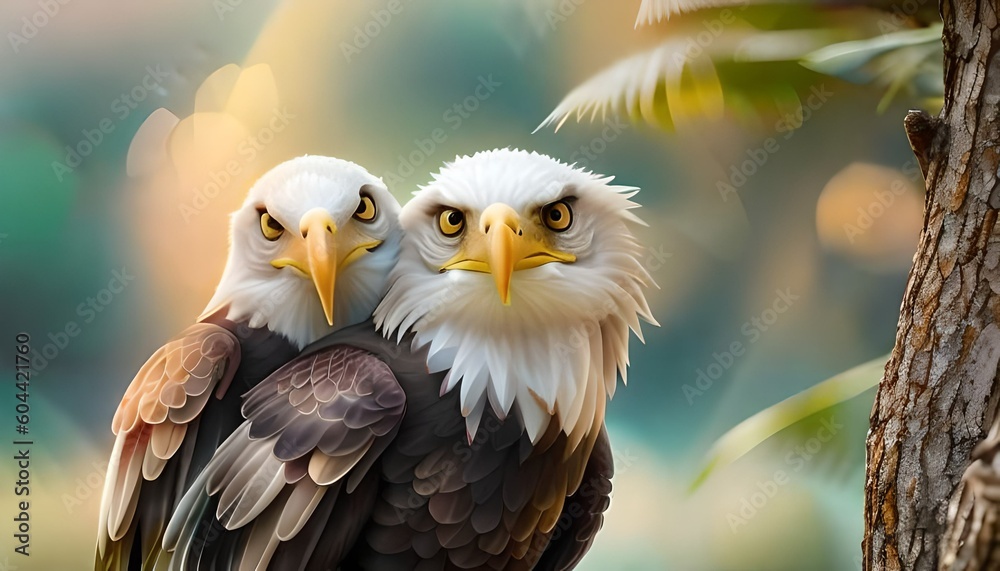 Moment of tenderness between a pair of Bald eagle birds,Two birds in love, Generative AI