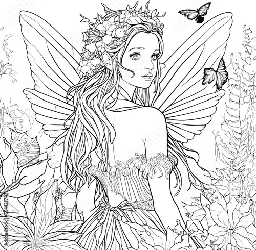 beautiful fairy for the adults stress coloring page Vector illustration