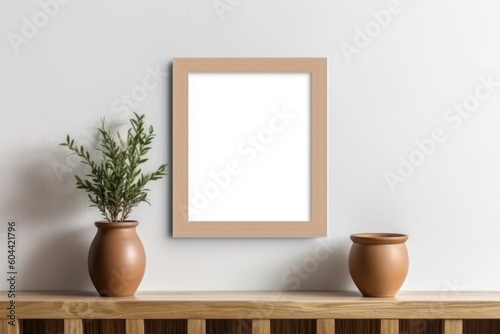 AI Generated Empty wooden picture frame mockup in home hanging in the wall background