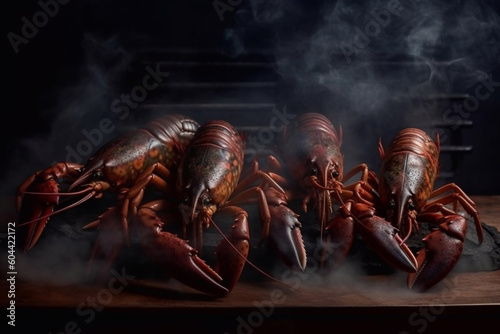 Whole grilled lobsters, smoke. Delicious seafood. Generative AI.