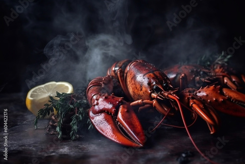 Whole grilled lobsters, smoke. Delicious seafood. Generative AI.