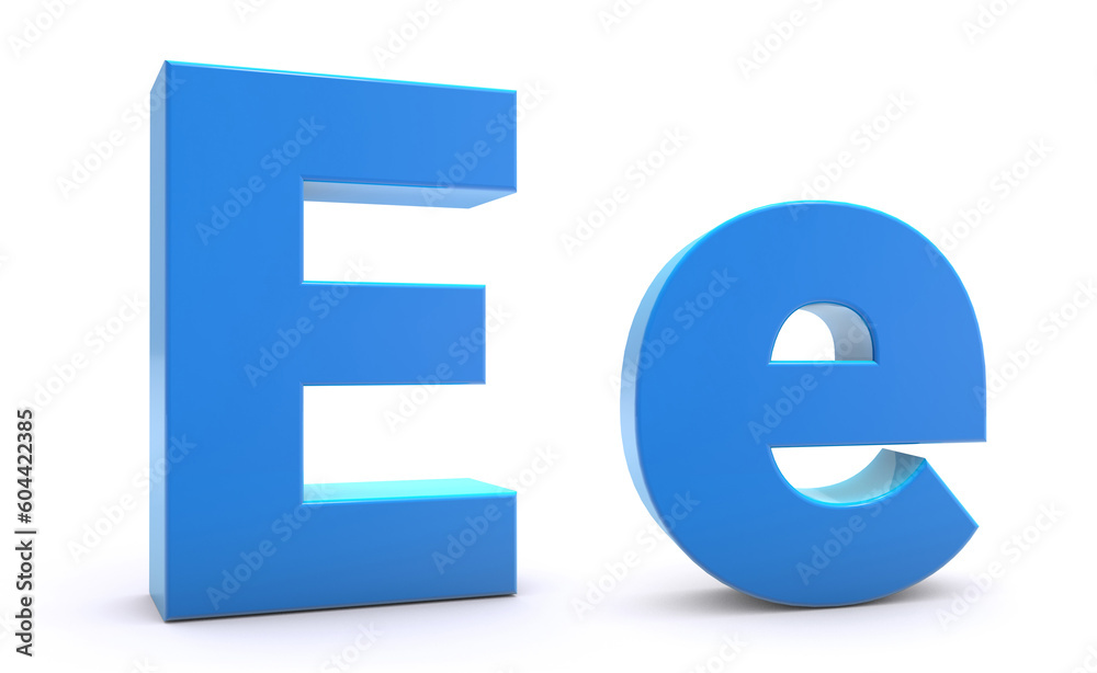 Capital and Small letter E 3d isolated on white background. E letter 3d. 3D rendering. Capital and Small letter E 3d isolated on white background. E letter 3d. 3D rendering.